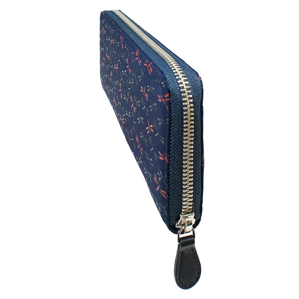 Inden Long Round Nagomi Dragonfly Navy Blue with Black and Red 7528 [Inden-ya] Wallet, Zipper, Deerskin, Pattern, Lacquer,
