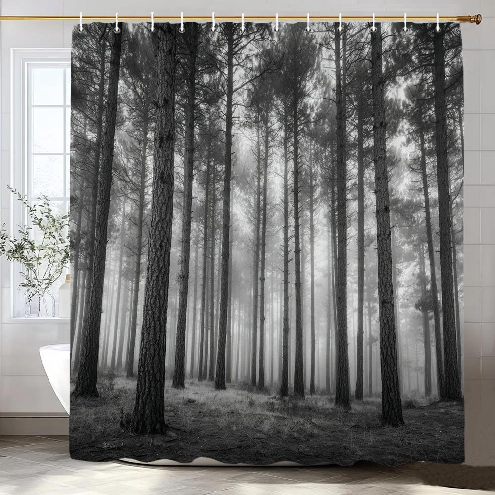 Schwarzer Baum Duschvorhang, Schwarzer Nebelwald Badezimmer Dekorativer Duschvorhang, Hängender Vorhang 12 Haken Maschinenwaschbar