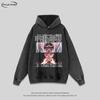 Mens Oversized Vintage Washed Hoodie With Distressed Graphic Print Heavyweight Cotton Long Sleeve Streetwear