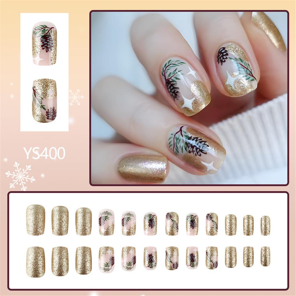 Christmas Tree False Nail Press On Nail Glittering Artificial Nail Short Square Full Cover Stick on Nail for Winter