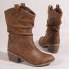 Western Cowboy Boots for Women Autumn Winter Retro Pointed Toe Thick Heels Ruffled PU Leather Mid-Calf Boots Woman Plus Size