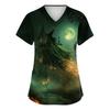 Women's V-Neck Short Sleeve Scrub Top with Pockets Halloween Print for Work