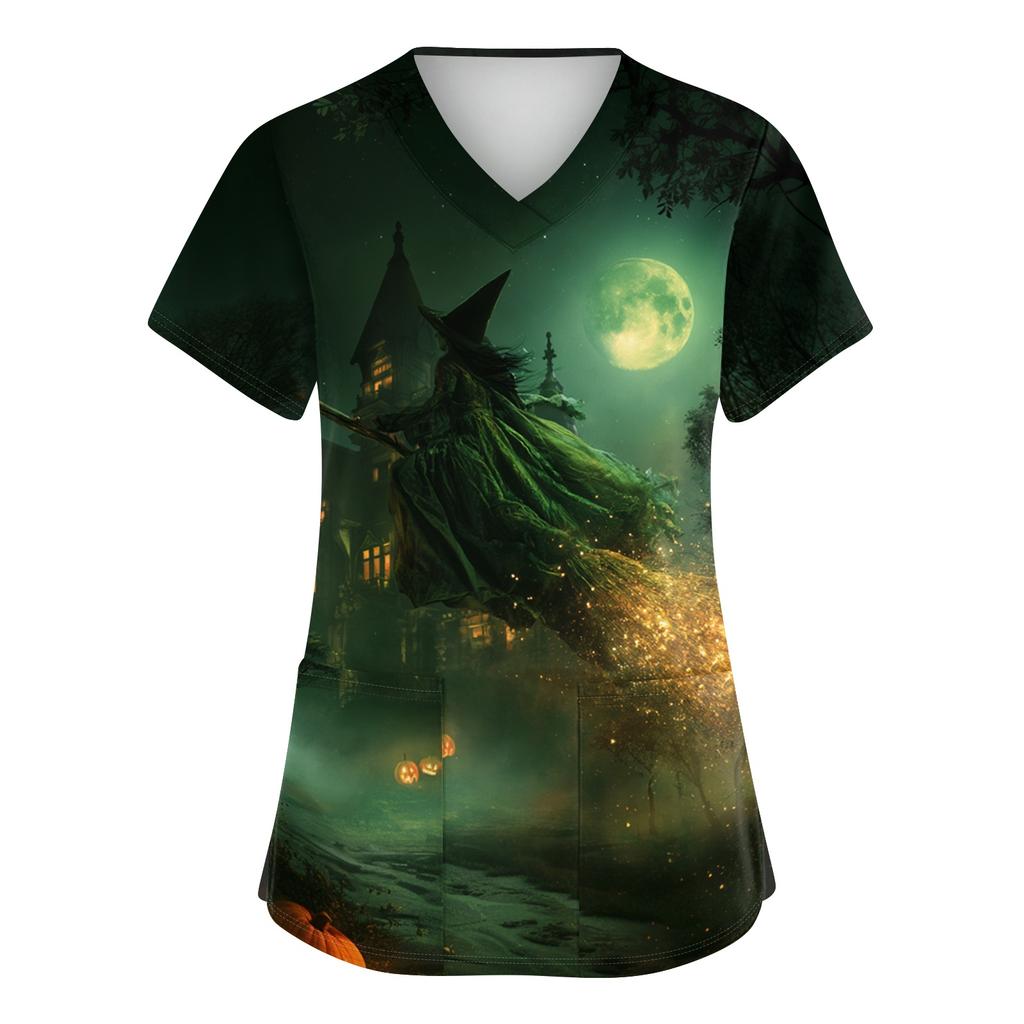 Women's V-Neck Short Sleeve Scrub Top with Pockets Halloween Print for Work