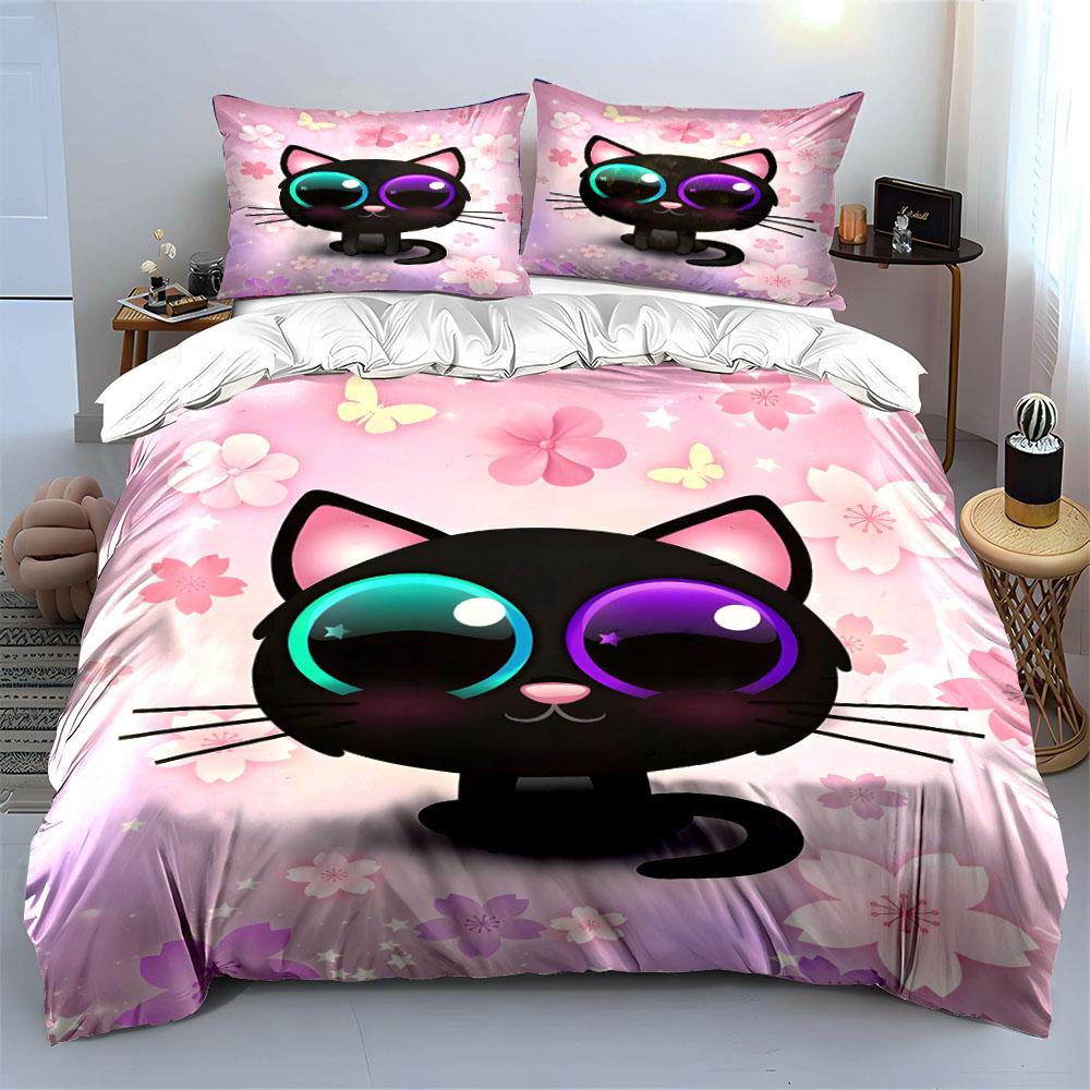 Cute Cat Themed Decoration Set Multiple Sizes Kid'S And Adults' Bedroom Exquisite 3Pc Bedding Set, Gift