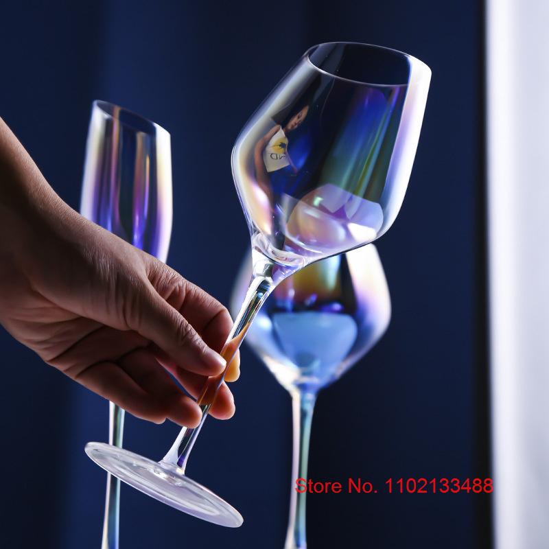 2 Pcs Color Pearl Crystal Wine Glass Wedding Party Glassware Drink Cup Plating Rainbow Oblique Bordeaux Goblet Champagne Flutes