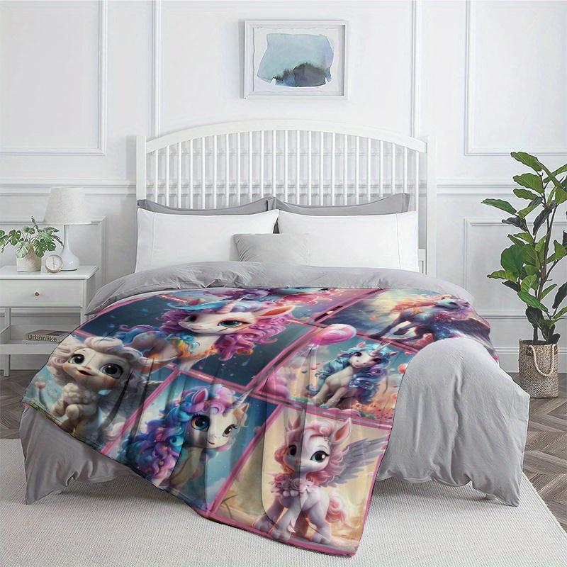 Cute Rainbow Unicorn Flannel Throw Blanket Cartoon Pegasus Patchwork Kids Bed Sofa Blanket