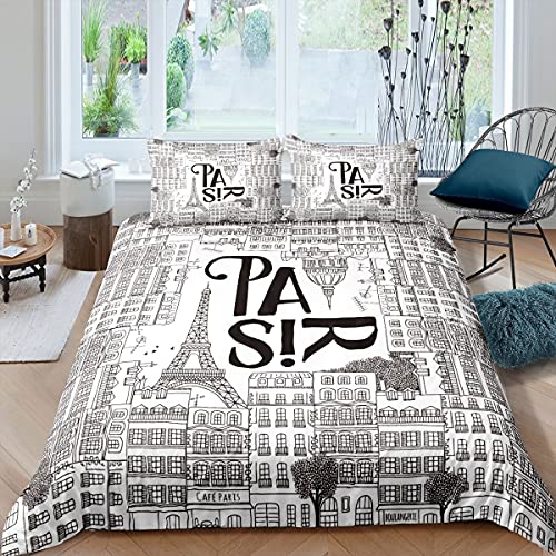 Leaning Tower of Pisa Duvet Cover Paris Tower Bedding Set Blue Sky Comforter Cover Vintage Tower with 2 Pillowcases 3Pcs Bedding