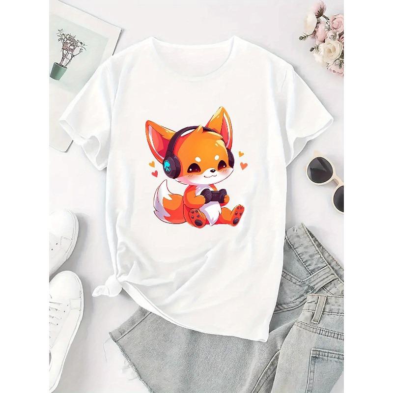European Sizes Women'S Casual Crew Neck T-Shirt with Cute Q-Version Fox Print