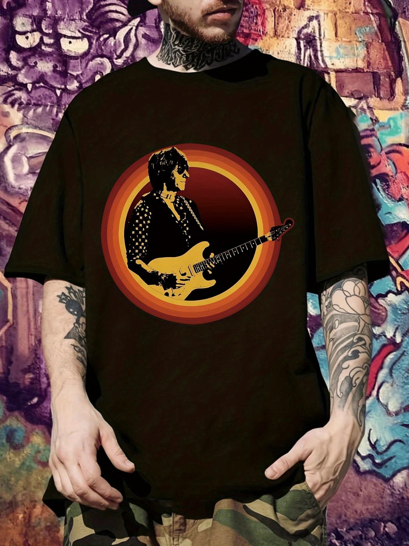 Rock Music Graphic T-shirt - Black Casual Short Sleeve Tee with Guitarist Design M