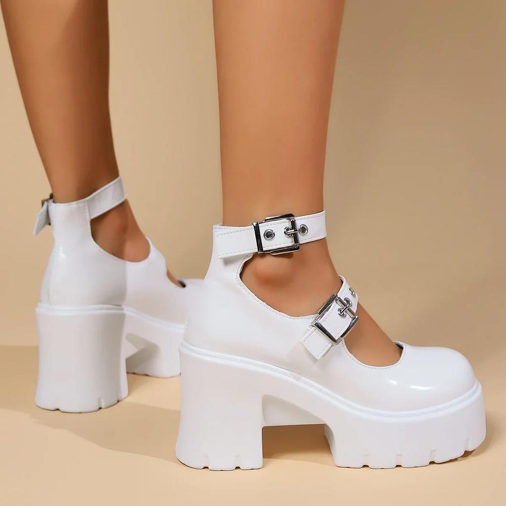 Fashion Gothic Chunky Platform Pumps for Women Super High Heels Ankle Strap Mary Jane Shoes Woman Patent Leather Thick Heel Pumps Ladies