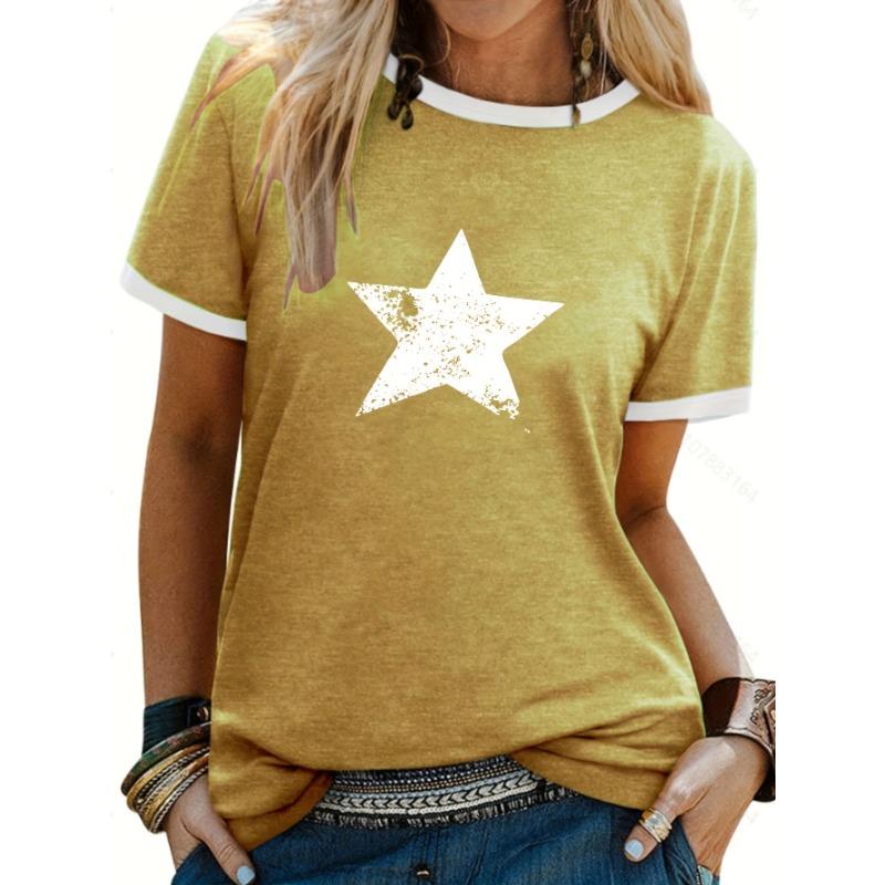 Five-pointed star print contrast T-shirt, short-sleeved crew neck casual top S