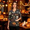 Women's Uniform with V-Neck and Pockets, Side Slit, Three-Quarter Sleeves, Halloween Print