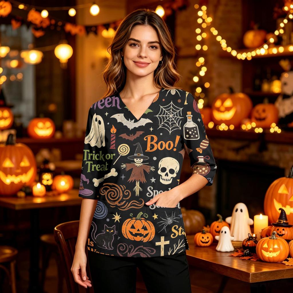 Women's Uniform with V-Neck and Pockets, Side Slit, Three-Quarter Sleeves, Halloween Print