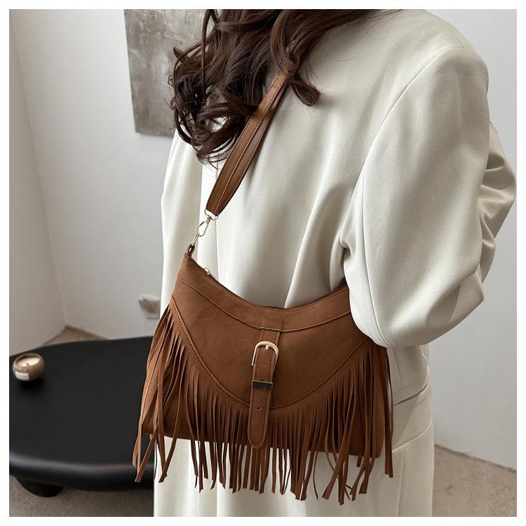 Korean Style Suede Faux Leather Square Bag Tassel Fringe Crossbody Shoulder Purse for Women