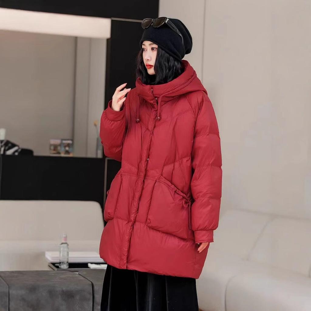 High-end Large-size Down Jacket Women's Winter New Hooded Medium and Long Loose and Thin White Duck Down Big Pocket Coat