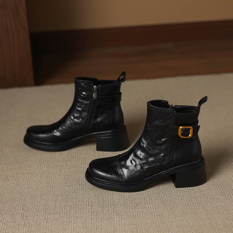 Krazing Pot Sheepskin Round Toe Thick Heels Chelsea Boots Size 42 High Quality Women Keep Warm Metal Buckle Ankle Boots