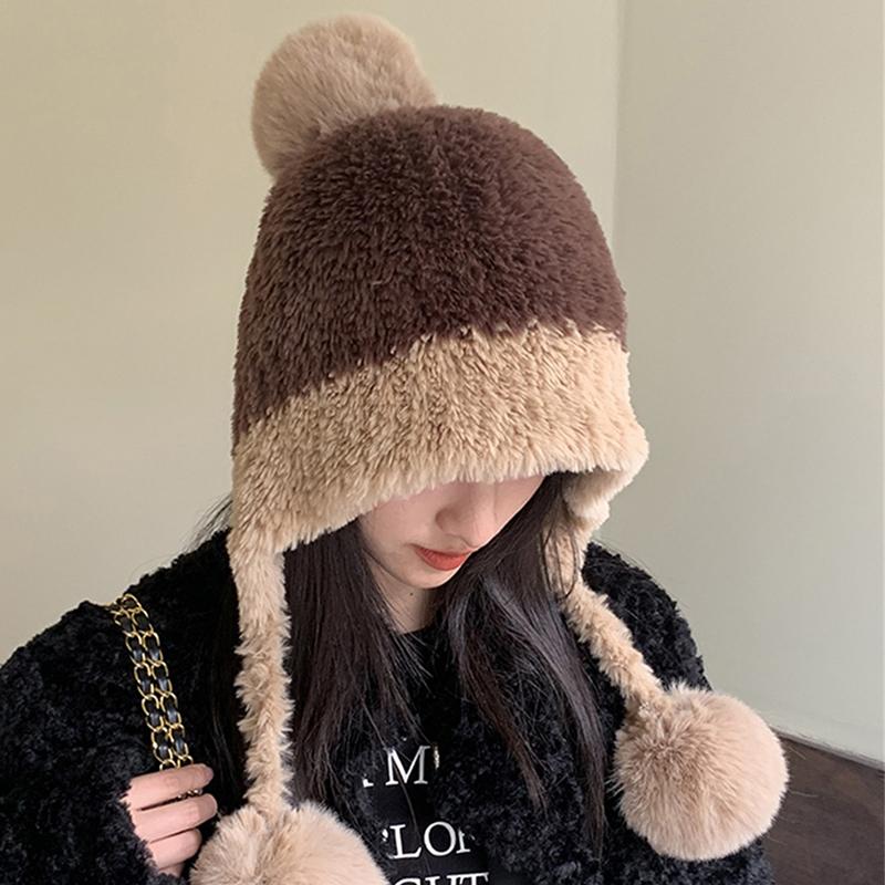 Großer Bommel Flauschiger Pelz Ohrenwärmer Mützen Mütze für Frauen Weiblich Weich Plüsch Winter Warm Gestrickt Plüschmütze Outdoor Schnee Ski Mütze