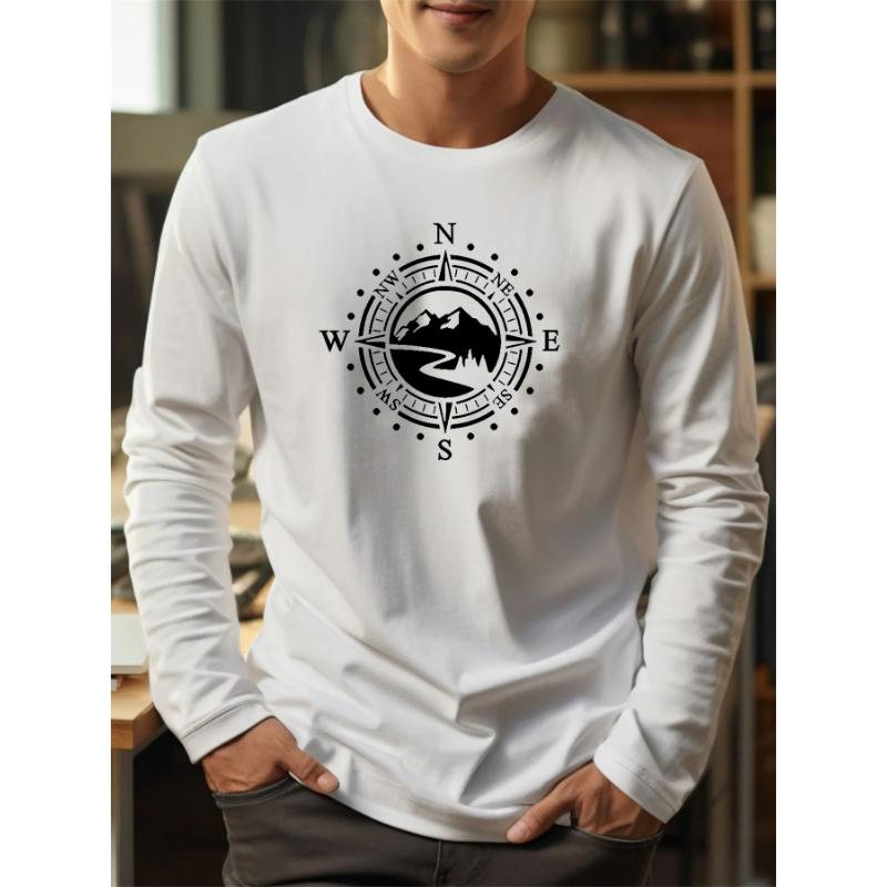 Men's Loose Fit Comfortable Sports and Leisure Mountain Compass Pattern Printed Round Neck Long Sleeved T-shirt