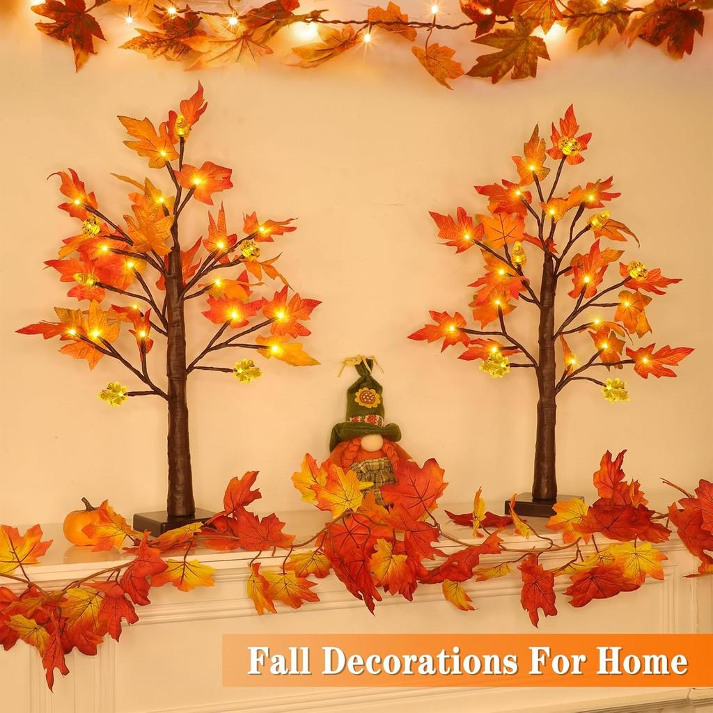 Thanksgiving Decorations, 2 Pack 24''/2FT Prelit Fall Maple Tree Fall Decor Total 48 LED Timer Battery Operated Lighted Pumpkins Acorns Maples Leaves