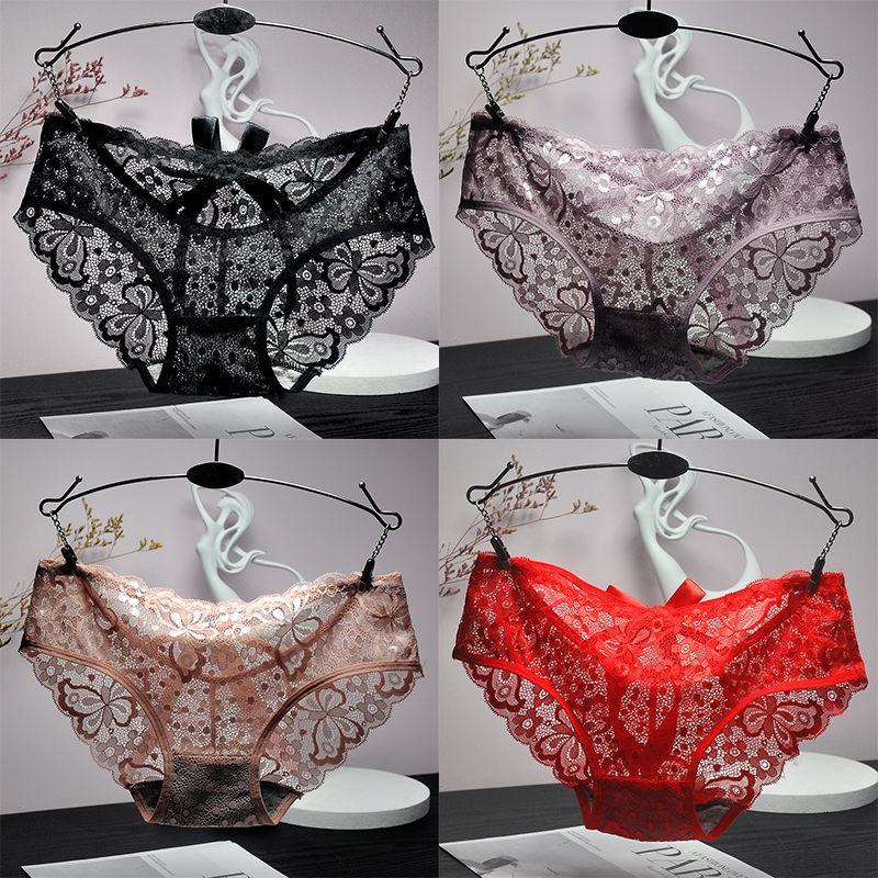4PCS Sexy Unterwäsche Perspektive Spitze Frauen Höschen Floral Solide Briefs Weibliche Unterhose Breathablle Frauen Dessous