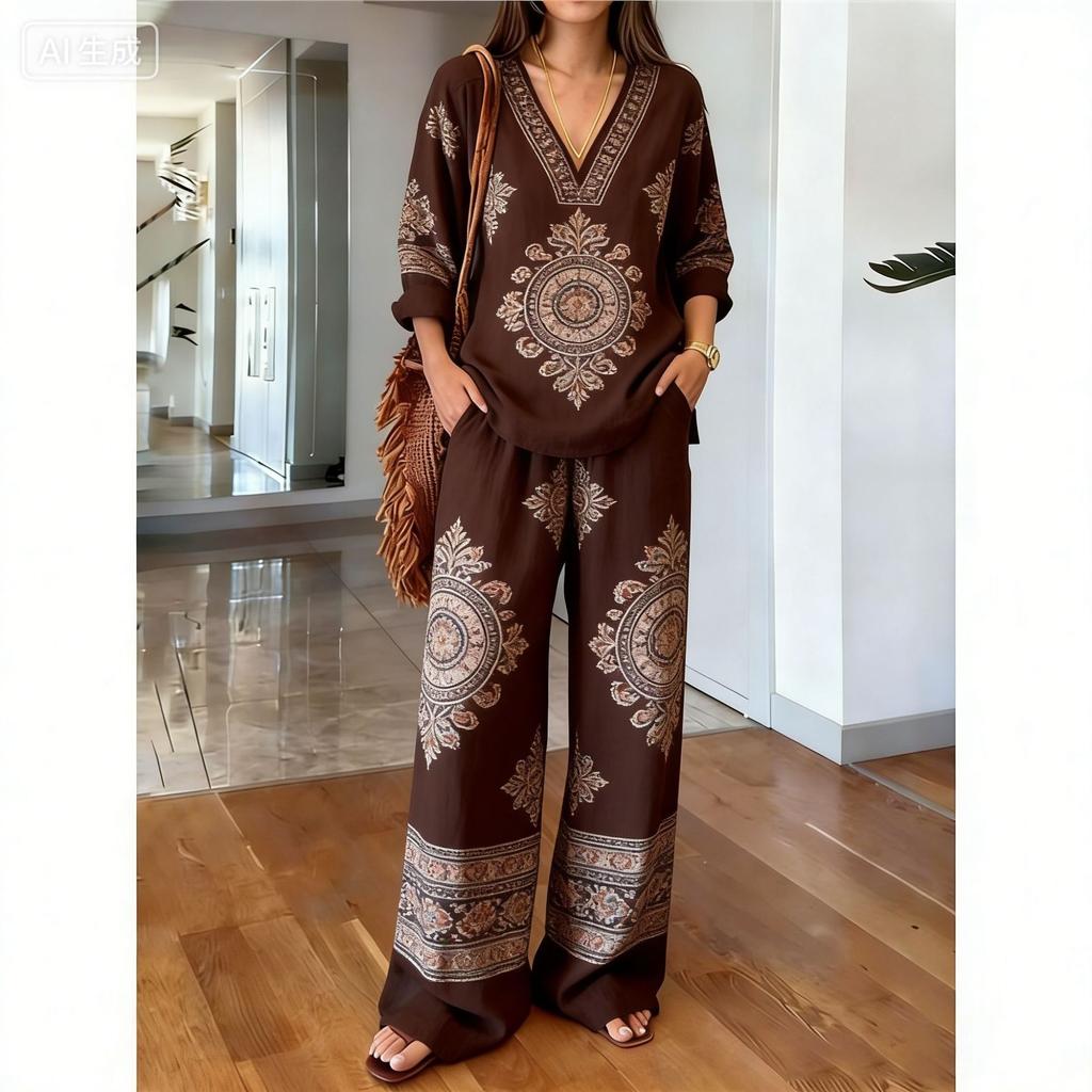 1116 New V-neck Wide-leg Pants Set, European and American Fashion Style Women's Simple Casual Two-piece Set Women's