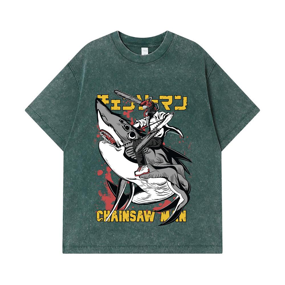275 GSM Washed T-shirts 100% Cotton Chainsaw Man V43 Denji Print Unisex Heavy Cotton T Shirt