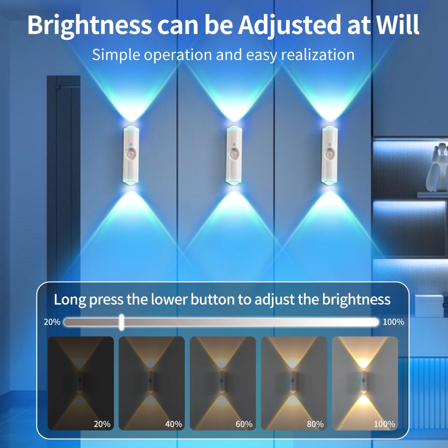 Motion Sensor Double-head LED Night Light 3colors RGB Rechargeable Magnetic Wall Lamp Mood Ambient Light Cabinet Hallway Stair