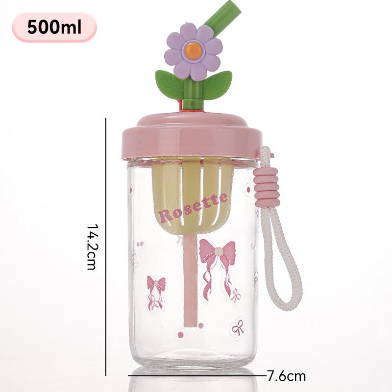 Influencer Portable Glass Cup with Lanyard and Straw - Stylish Girls  Water and Coffee Cup Gift 500ml розовый