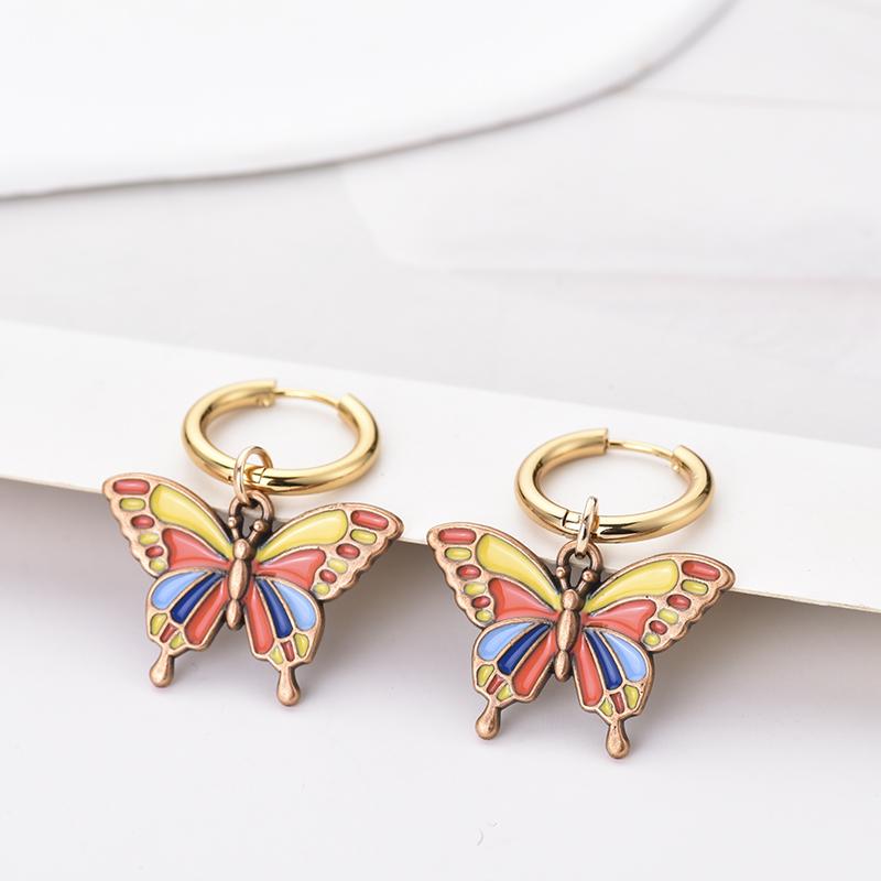 

Boho Retro Cute Sweet Colorful Butterfly Pendant Earrings Woman Stainless Steel Gold Color Hoop Earrings Girls Fashion Zircon