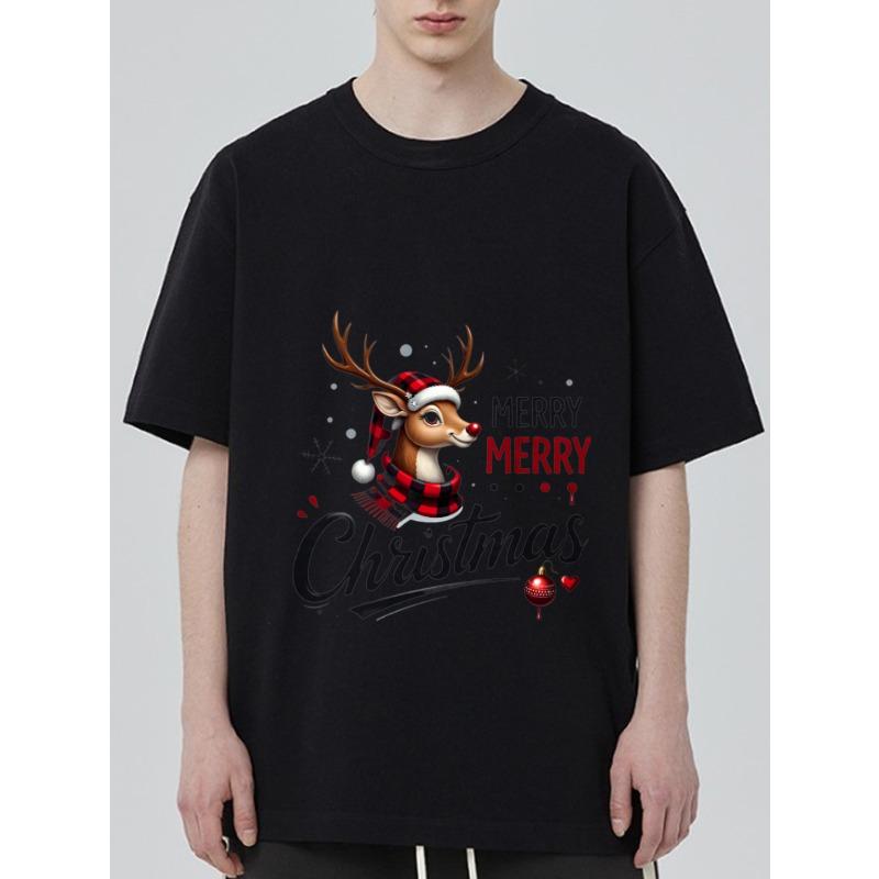 

Рождественская футболка Черный Олень в шапке Санты и шарфе Текст Merry Christmas Праздничная одежда для вечеринки XXXXL чёрный