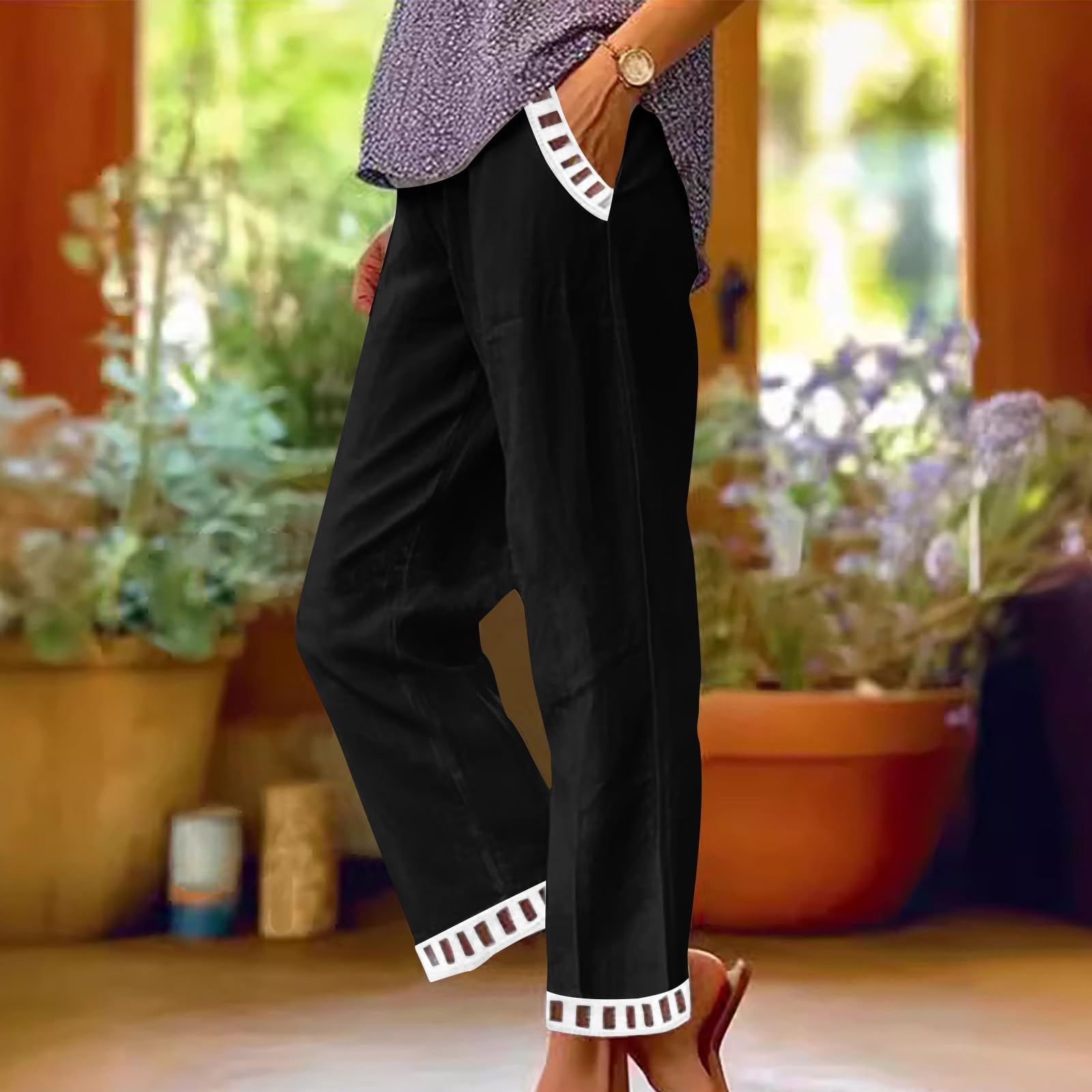 Women s Fashion Color Pocket Elastic Waist Versatile Cotton Lace Casual Sports Pants XL