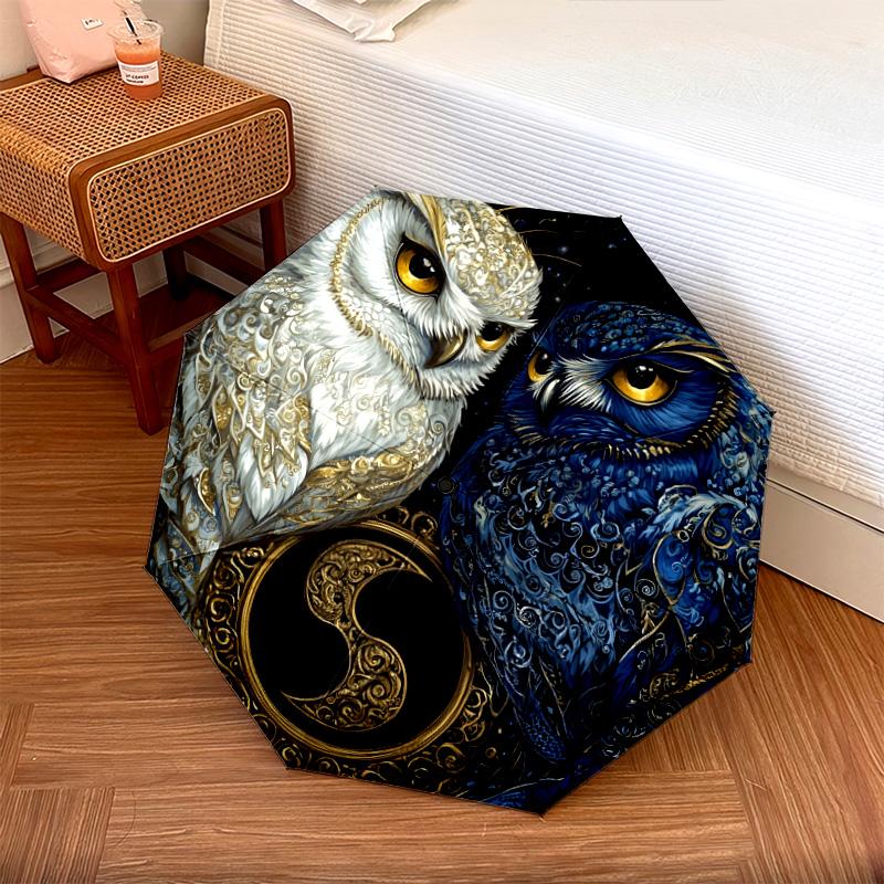 Two Owls pattern, automatic folding umbrella, portable and foldable design, 8 ribs, a Christmas or birthday gift.