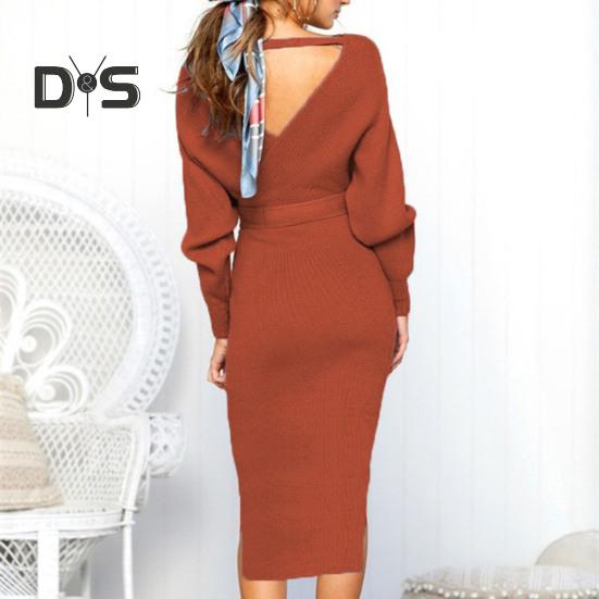 Women Fall Winter Dress V Neck Lace Up Belted Tight Waist Solid Color Knitted Elastic Mid Calf Length Long Sleeve Slim Fit Lady Commute Dress