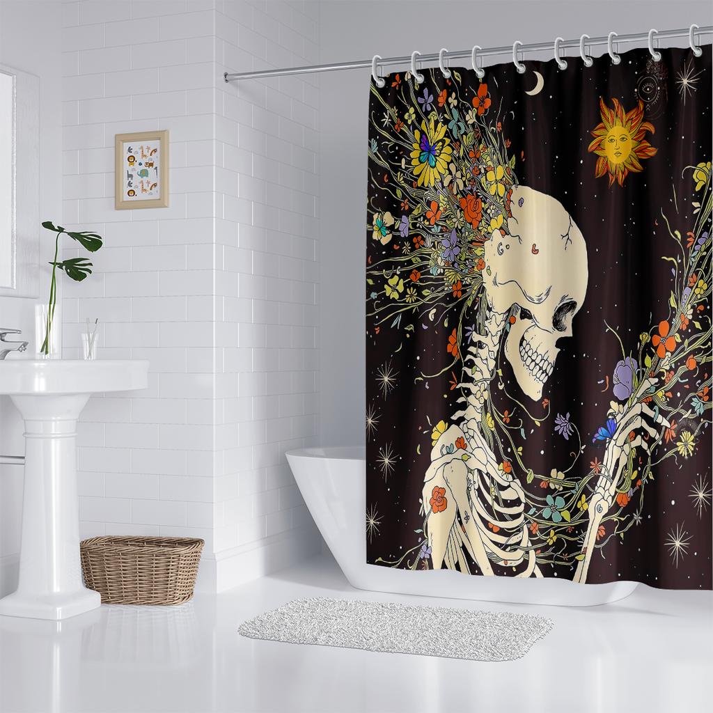 1pc Halloween Skull Print Waterproof Shower Partition Privacy Hanging Curtain with 12 Hooks Multiple Sizes Machine Washable