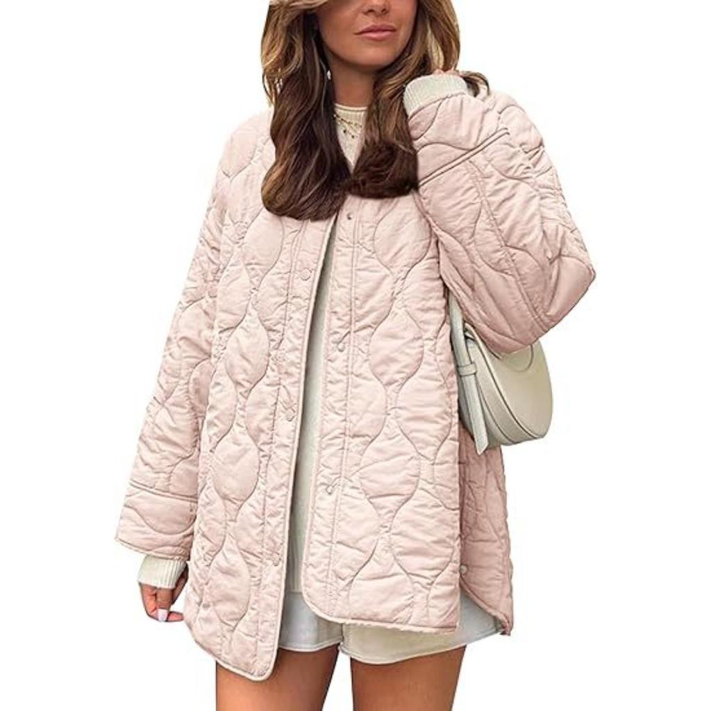 2025 Autumn Winter New European American Style Quilted Simple Solid Color Round Neck Loose Cotton Coat Outerwear