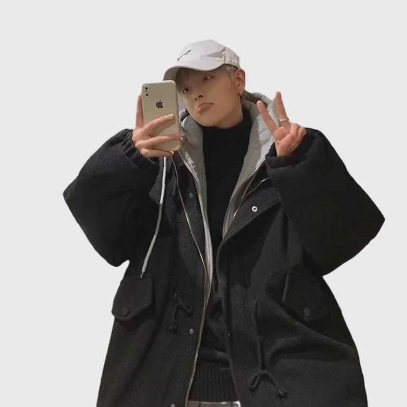 Men's Trendy Hooded Wool Coat, Medium-Length, Fake Two-Piece, Winter Style