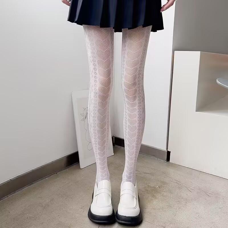 Retro Floral Jacquard Fishnet Stockings, Y2K Black Anti-Snag Stockings for Women