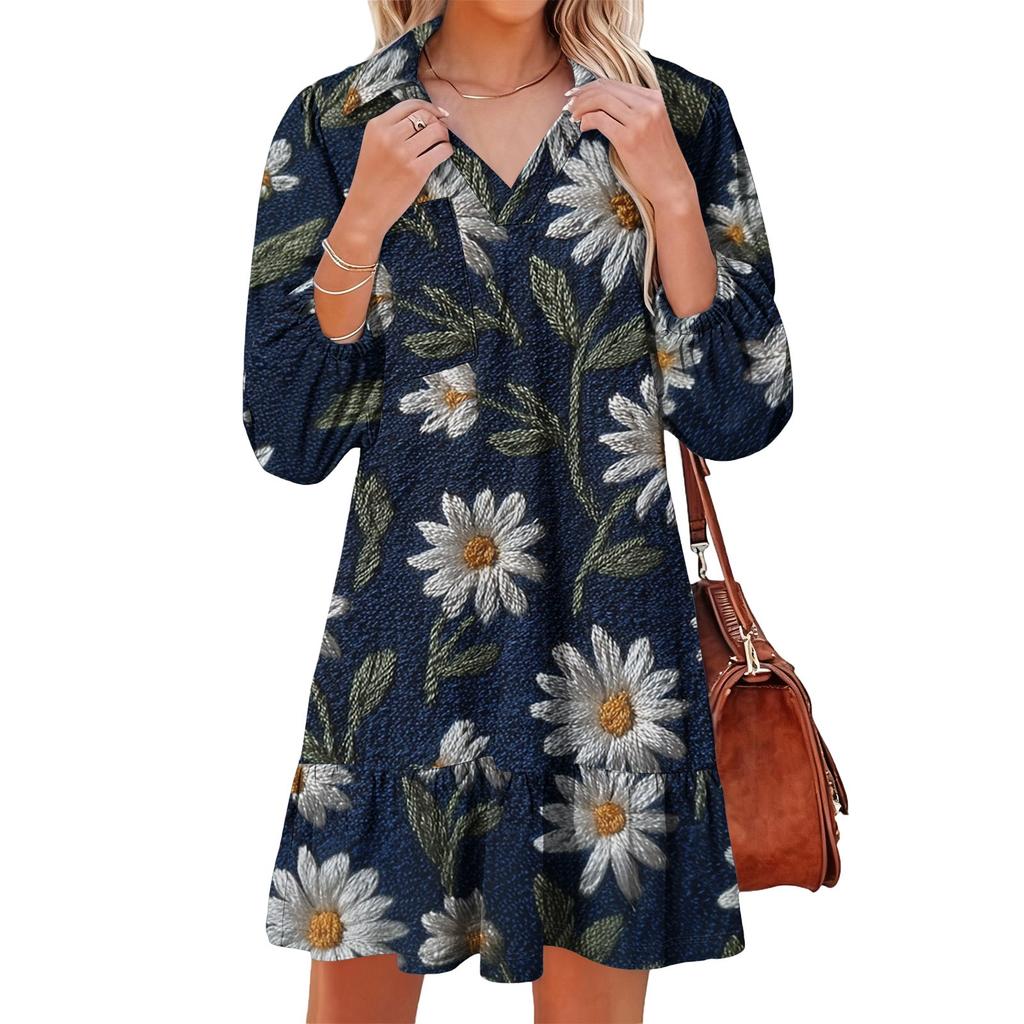 Women's Fashion Elegant Autmn And Winter Long Sleeve V,Neck Christmas Print Dress