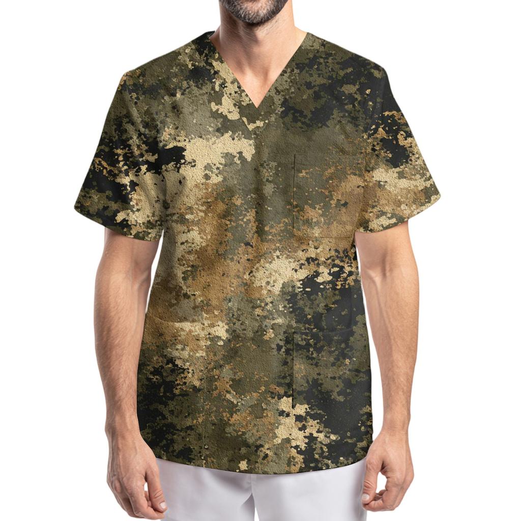 Men's Printing Short Sleeve V-neck Working Blouse Chest Pocket Carer Top
