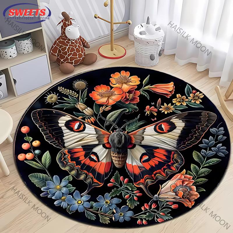 

3D Vintage Floral Animals Rugs Butterfly Parrot Fox Printed Round Rug Living Room Bedroom Decor Indoor Floor Mat Rug for Friends Diameter 60cm
