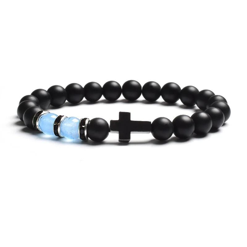Fashion Religion Cross Men Women 8mm Natural Stone Tiger Eye & Black Matte Agates Bead Bracelet Elastic Bracelet Bangle Jewelry