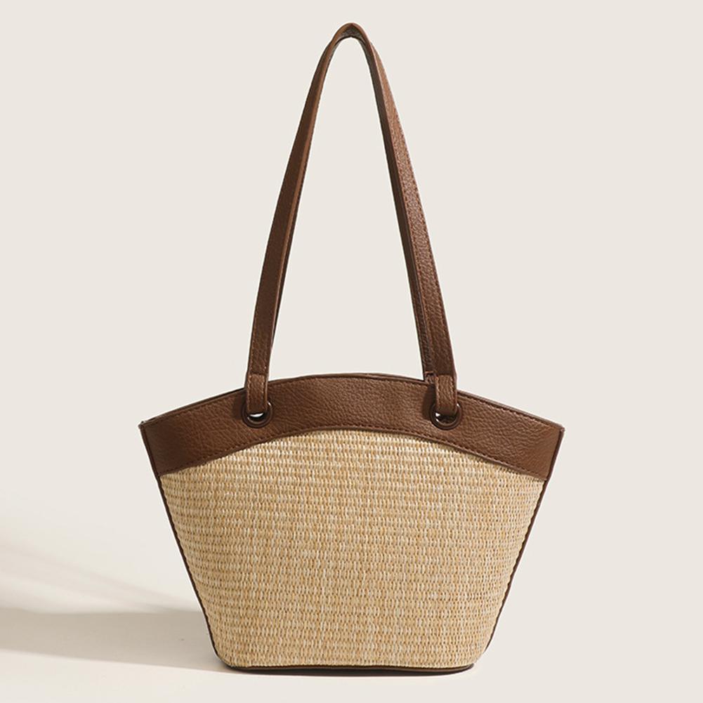 

Women Straw Woven Tote Bag Weaving Shoulder Bag Large Capacity Summer Braided Beach Bags Patchwork Vintage for Outdoor Travel коричневий