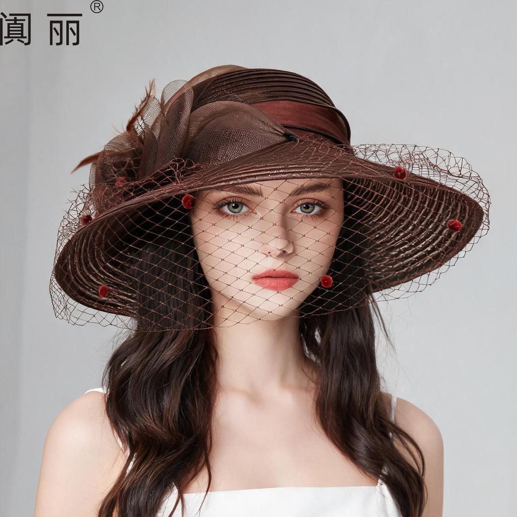 Summer new mesh flower fashion hat women's British retro versatile veil face shade basin hat sun protection hat