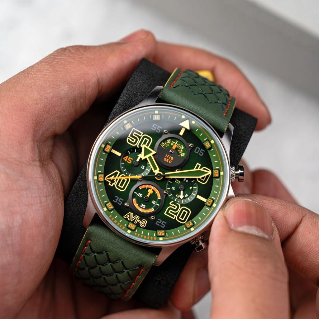 AVI-8 Hawker Typhoon Coningham Chronograph Harding Lederarmband Grünes Zifferblatt Quarz AV-4093-0D Herrenuhr