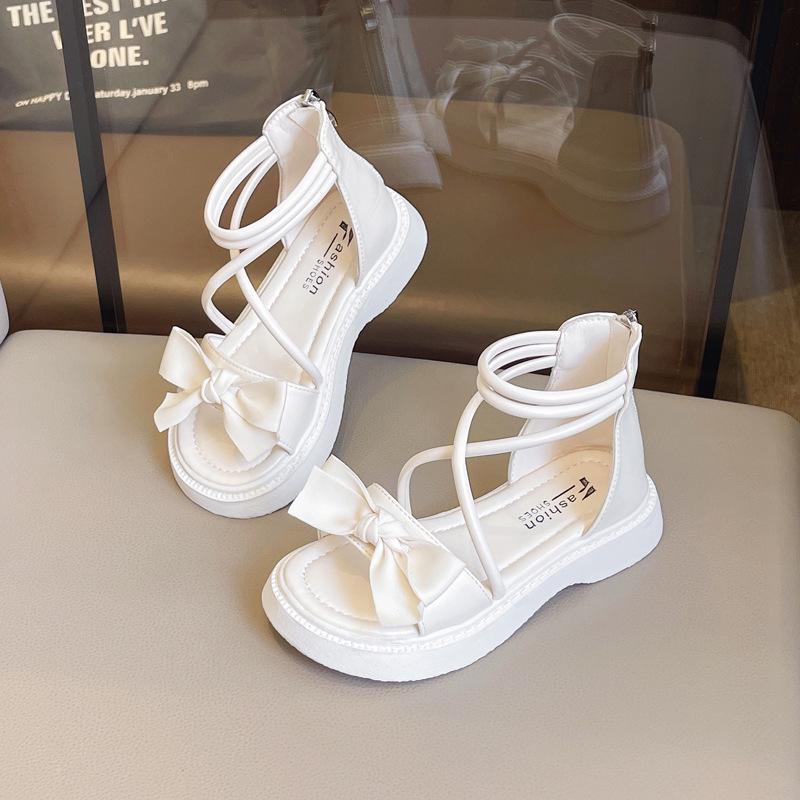 2025 Flickors Prinsessrosett Sandaler: Sommarstil, Mjuk sula, Trendig romersk högskaft för barn