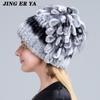 Winter Women's Warm Fashion Beanie Knitted Hat Real Rex Rabbit Fur Hat Knitted with Side Flower Russia Hat