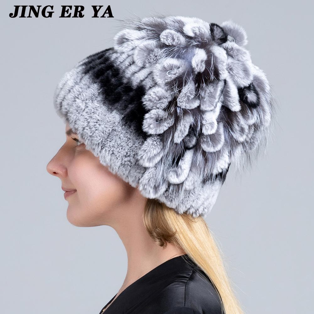 Winter Women's Warm Fashion Beanie Knitted Hat Real Rex Rabbit Fur Hat Knitted with Side Flower Russia Hat