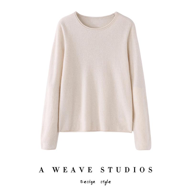 Pull en cachemire 100 % pur pour femme, coupe ample, ourlet roulé, col rond, manches longues, tricot pour l'automne et l'hiver