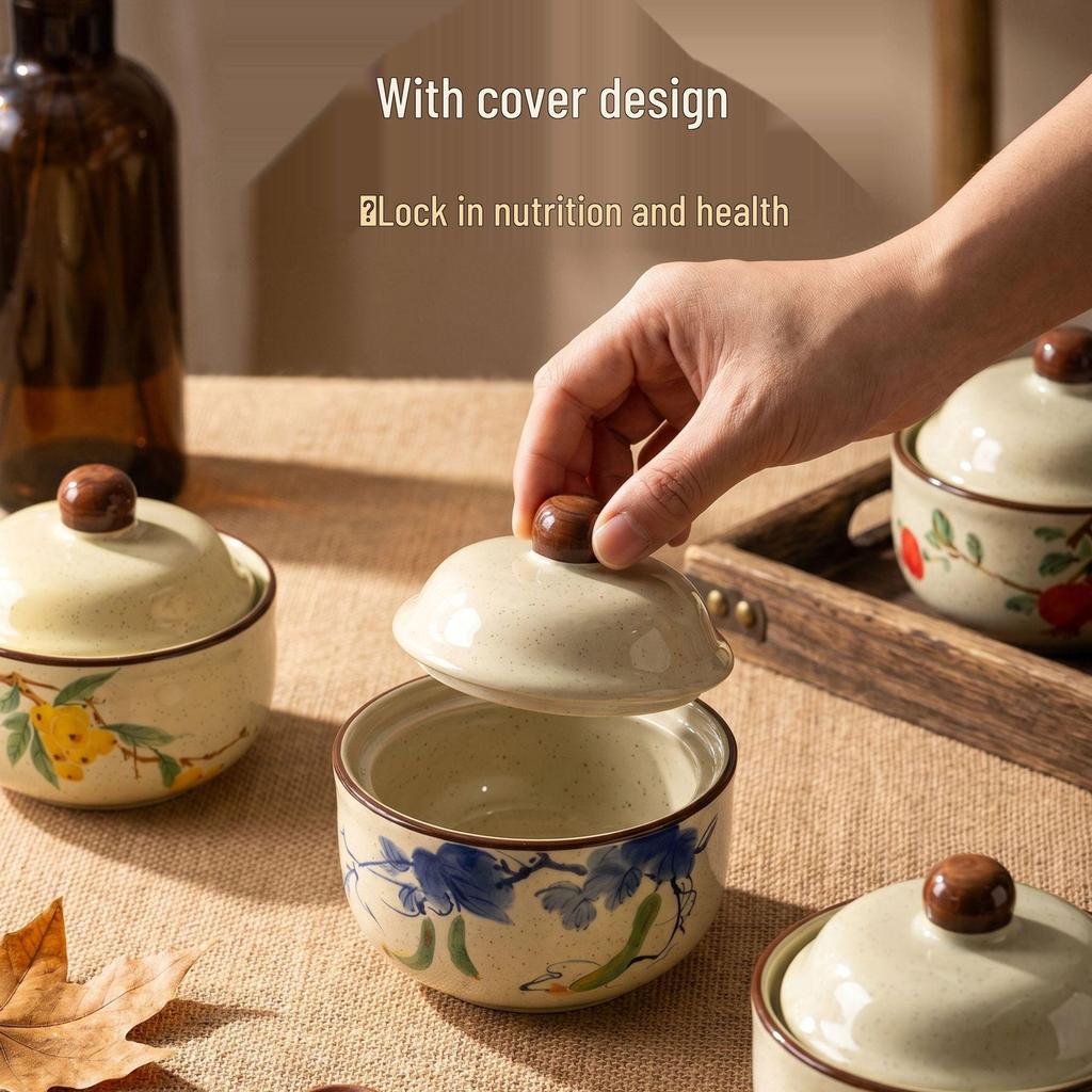 Retro Chinese Ink Wash Style Ceramic Stew Pot with Lid - Single Serving Double Boiler and Steamed Egg Bowl.