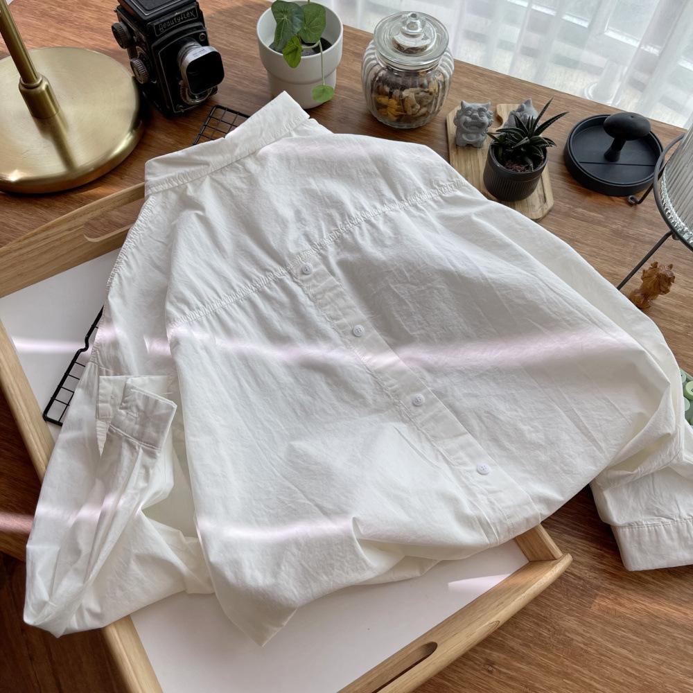 Camisa Simples de Cor Sólida Larga com Lapela Camisa Feminina Moda Casual Elegante Camisa de Mulher para Outono e Primavera